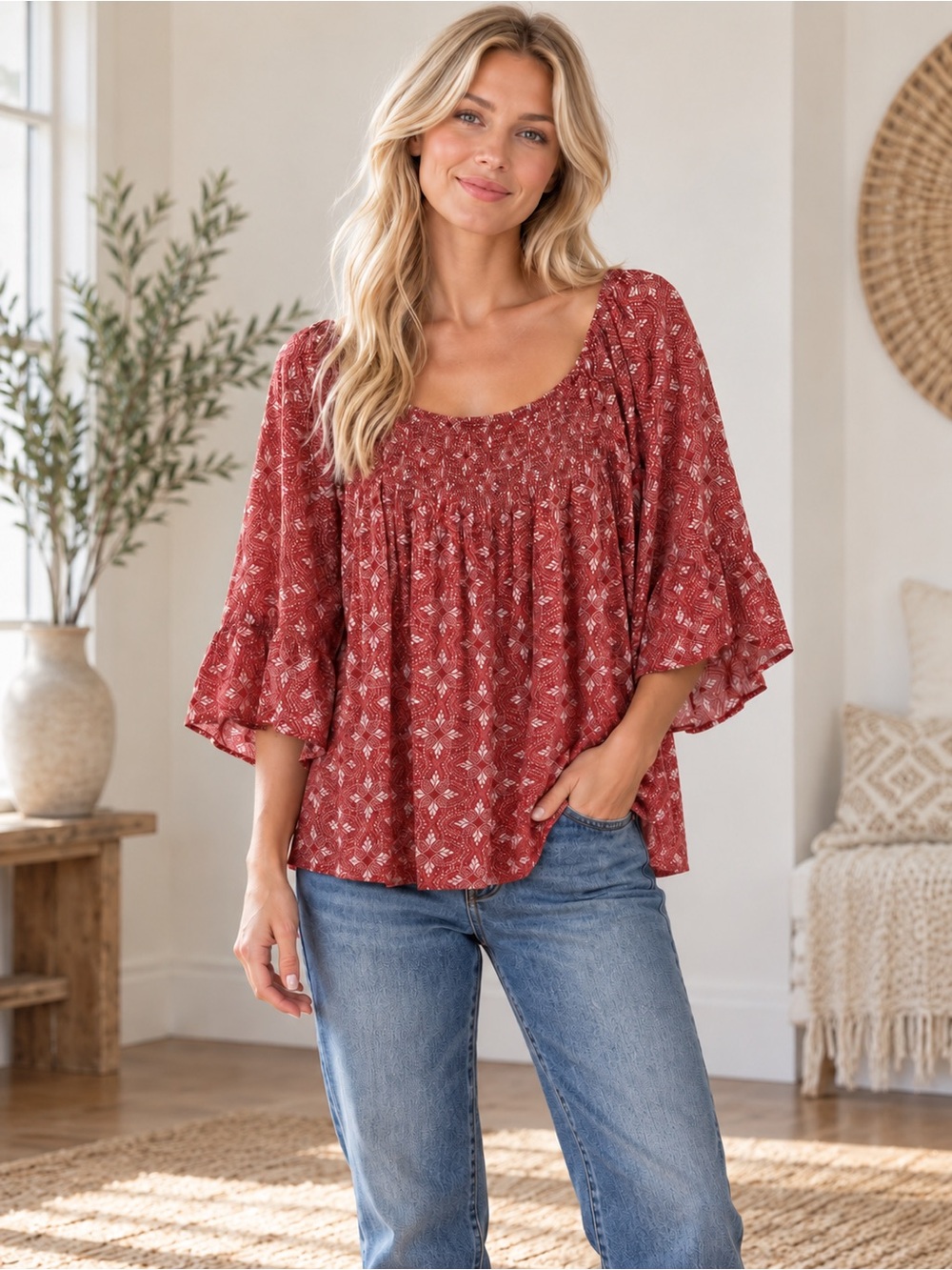 En Creme Rust Colored Boho Minimalist Smocked Scoop Neck Peasant Blouse